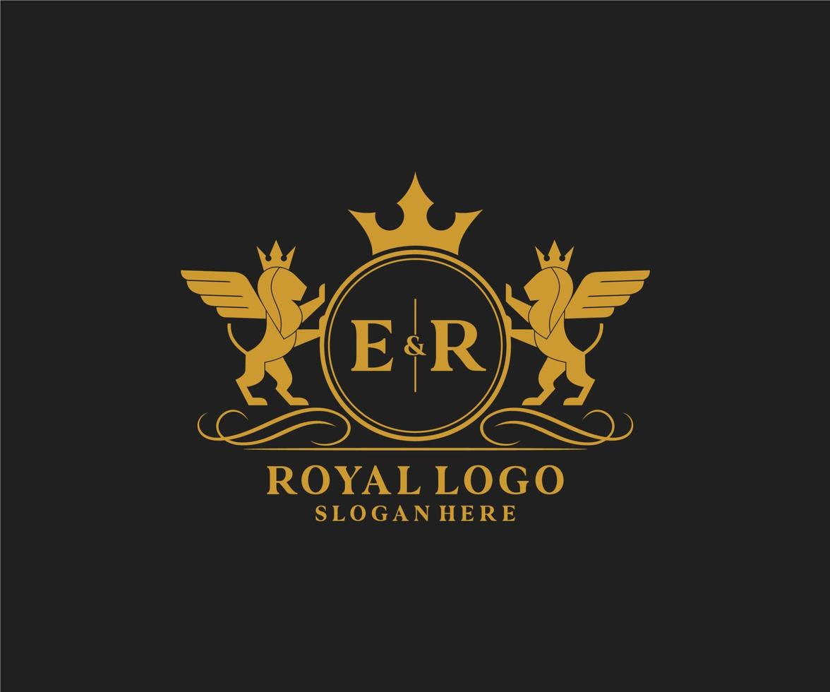 iniziale er lettera Leone reale lusso stemma araldico logo modello nel vettore arte per ristorante, regalità, boutique, bar, Hotel, araldico, gioielleria, moda e altro vettore illustrazione.