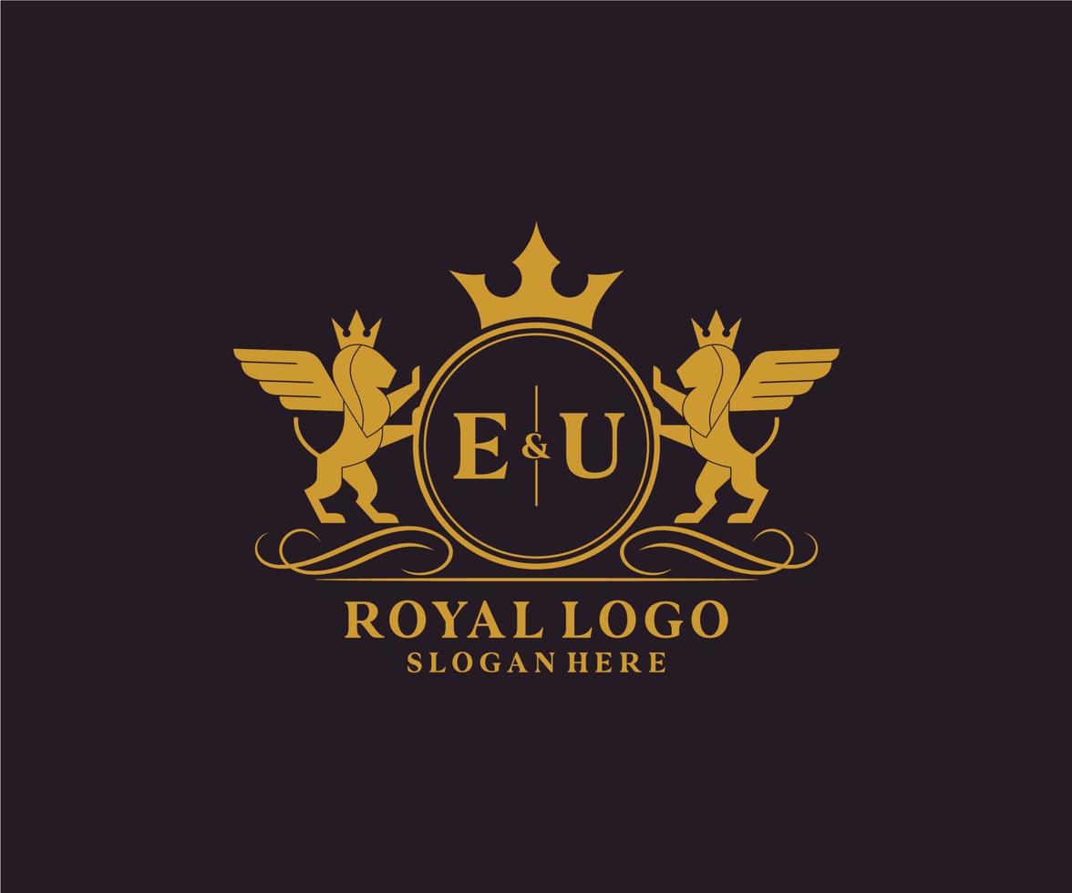 iniziale Unione Europea lettera Leone reale lusso stemma araldico logo modello nel vettore arte per ristorante, regalità, boutique, bar, Hotel, araldico, gioielleria, moda e altro vettore illustrazione.