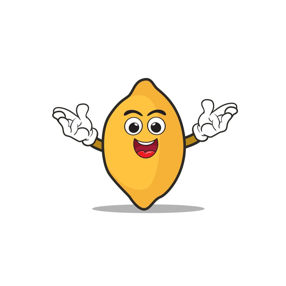 frutta Limone cartone animato portafortuna personaggio con mani su e divertimento Sorridi. vettore illustrazione