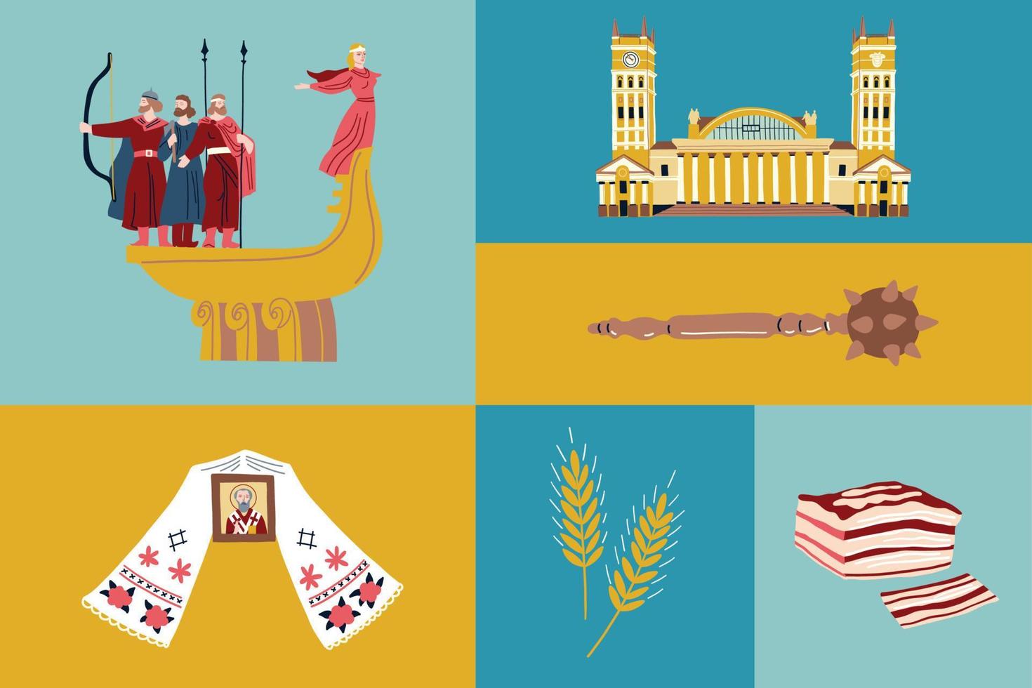 ucraino collezione con nazionale simboli con girasoli, lardo, Mazza, kozak, di legno Chiesa, il monumento per il fondatori di kiev. elegante bandiera per design. vettore