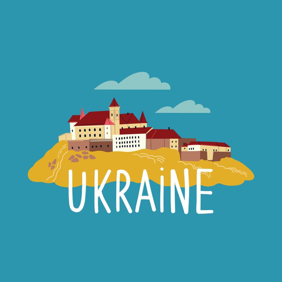 ucraino paesaggio con castello su montagna. Ucraina scritta. vettore