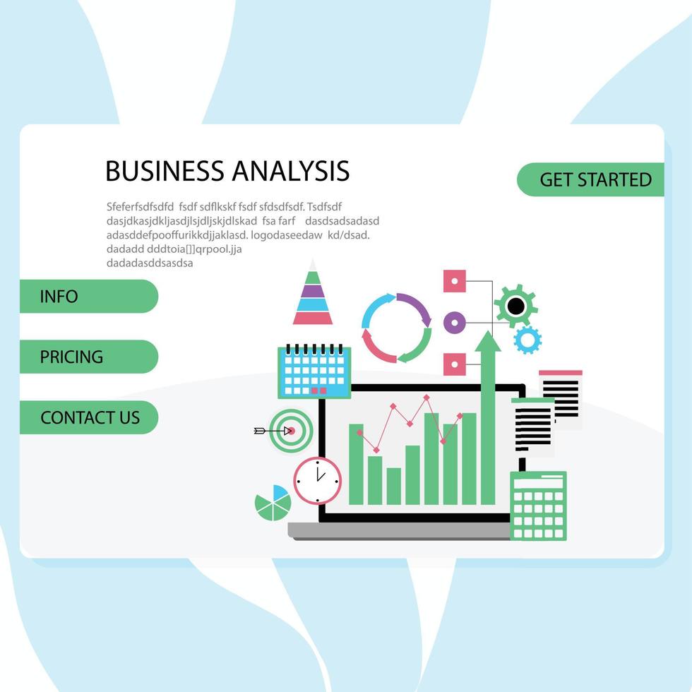 attività commerciale analisi atterraggio pagina, grafico e grafico. vettore di attività commerciale Infografica sito web, informazione statistico e calcolatrice, ottimizzazione mercato illustrazione