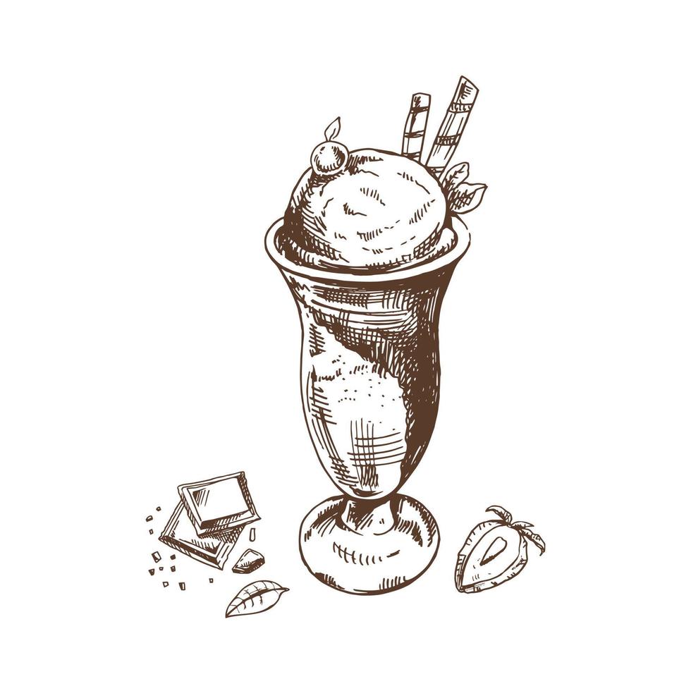 un' disegnato a mano schizzo di ghiaccio crema palle nel un' tazza, pezzi di cioccolato, fragola. Vintage ▾ illustrazione. elemento per il design di etichette, confezione e cartoline. vettore