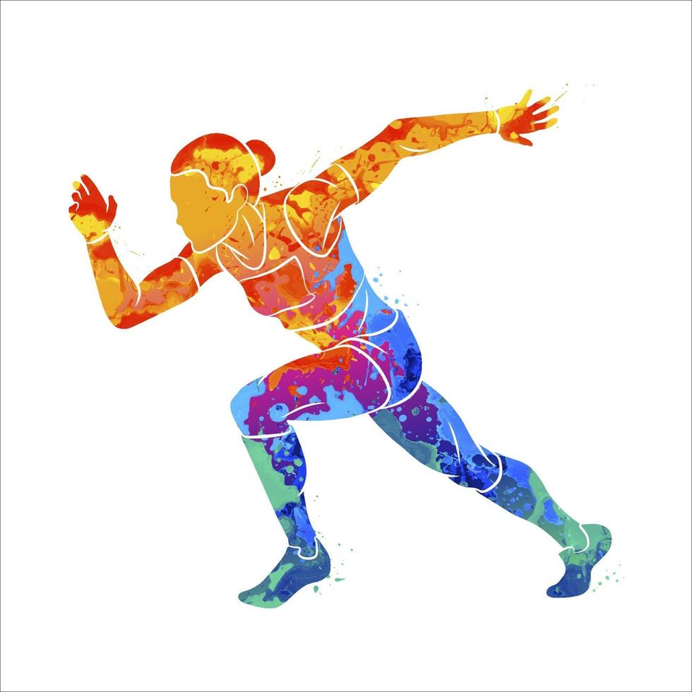 astratto di una donna che corre velocista a breve distanza da schizzi di acquerelli. illustrazione vettoriale di vernici