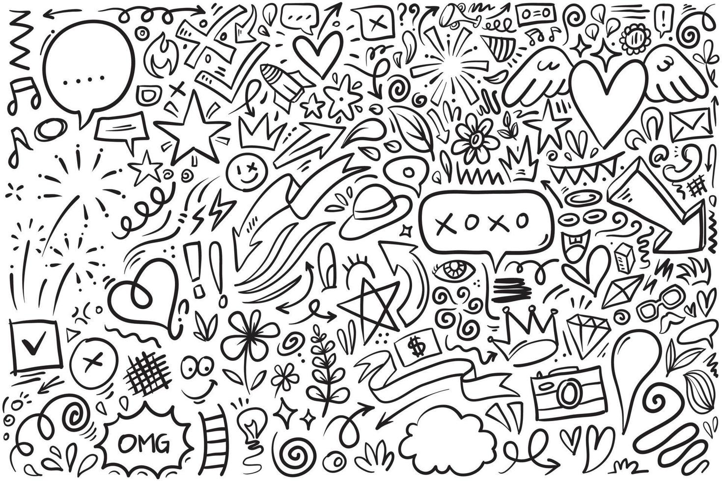 doodle linee, frecce, cerchi e curve vector.hand disegnati elementi di design isolati su sfondo bianco per una infografica. illustrazione vettoriale. vettore