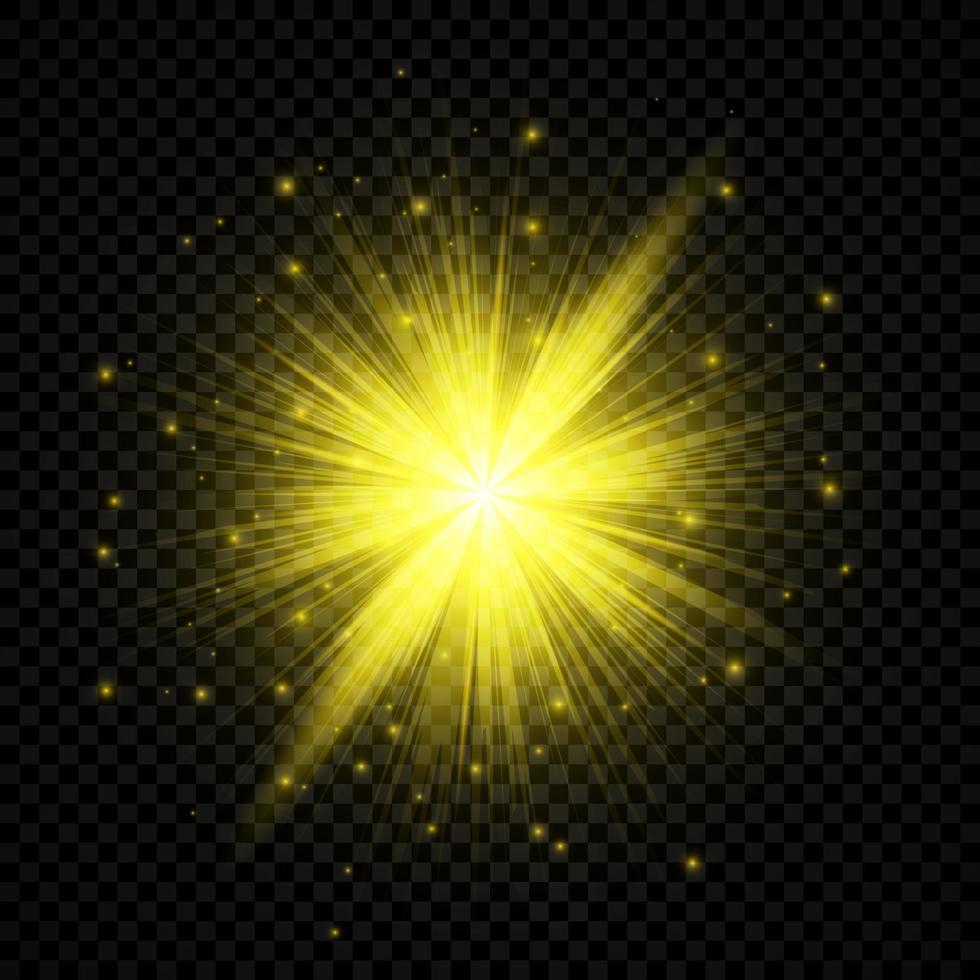 leggero effetto di lente razzi. giallo raggiante luci starburst effetti con scintille vettore