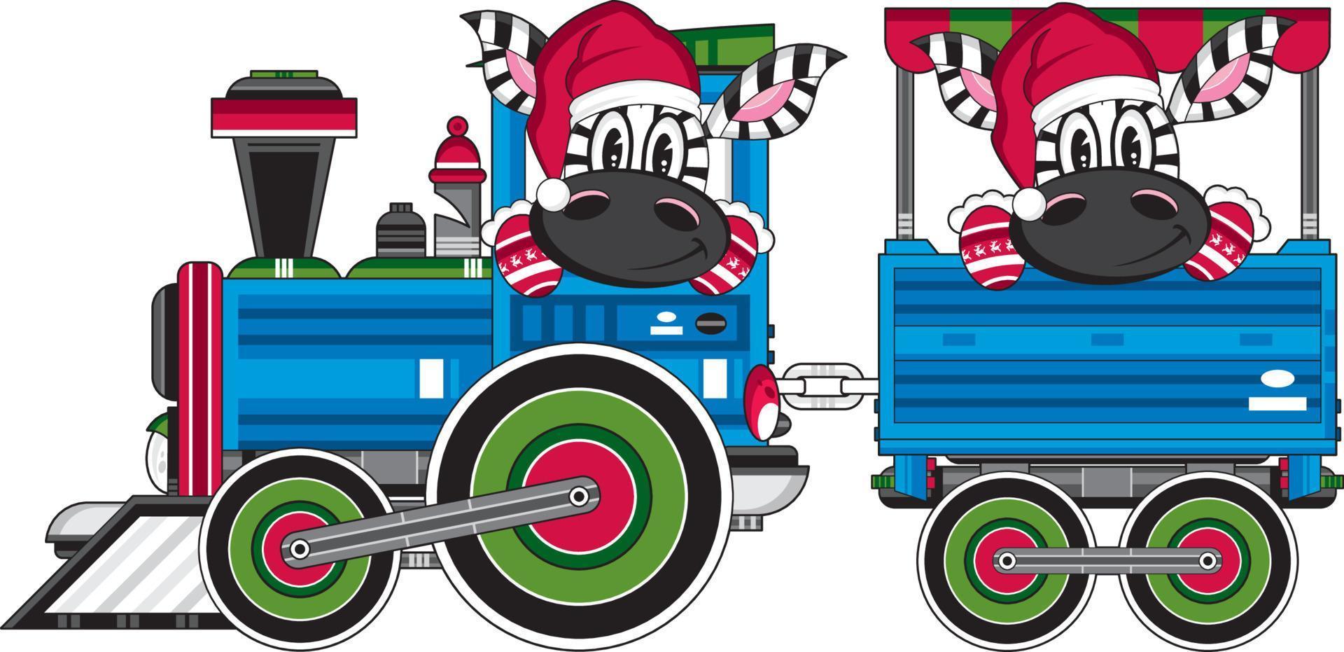 cartone animato Santa Claus Natale zebra su treno vettore