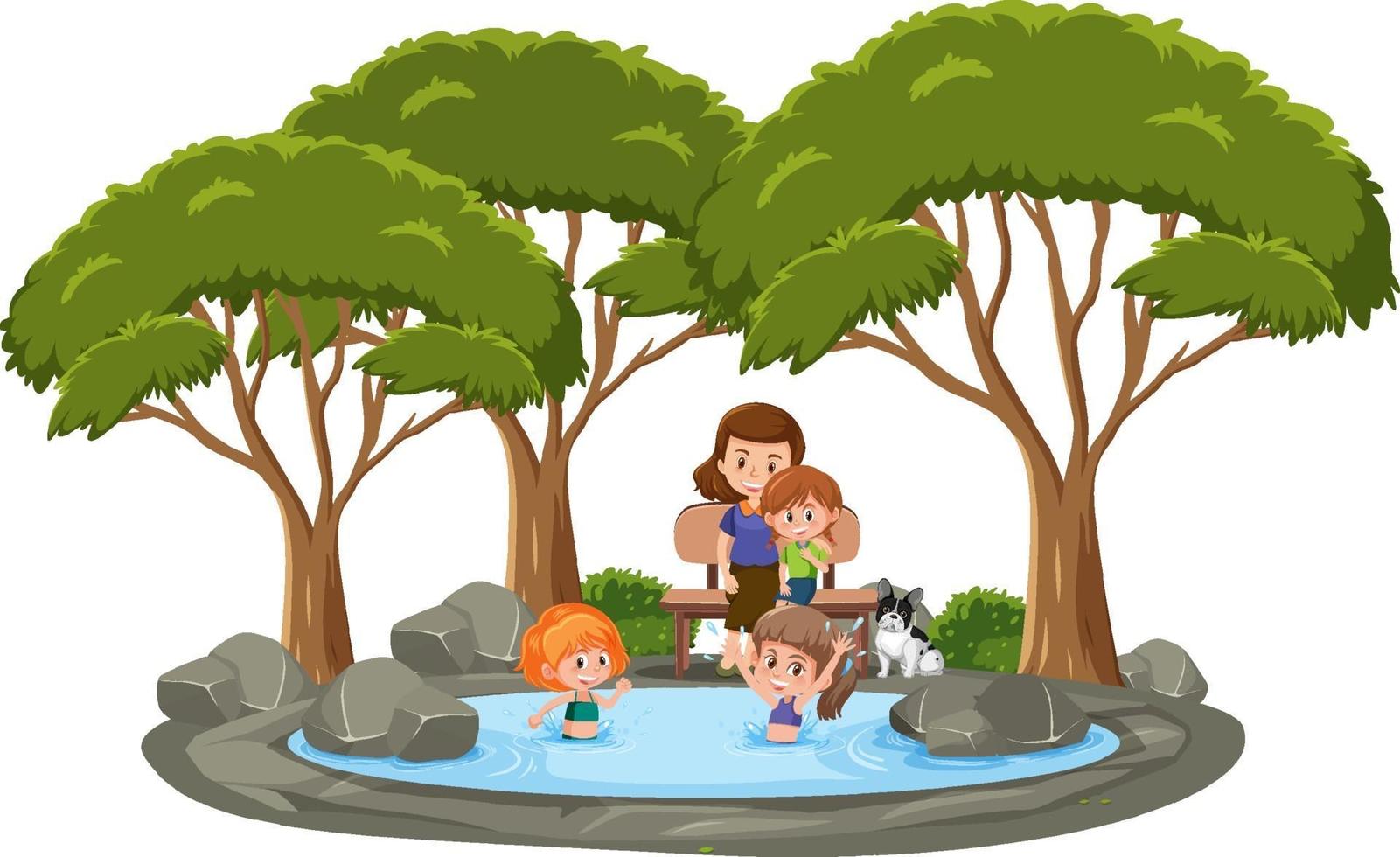 molti bambini nuotano nello stagno con molti alberi su priorità bassa bianca vettore