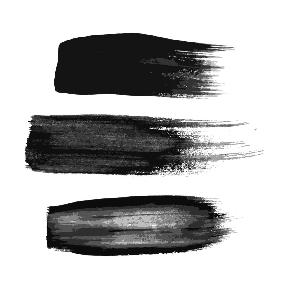 impostato di tre nero spazzola colpi. mano disegnato inchiostro macchie isolato su bianca sfondo. vettore illustrazione