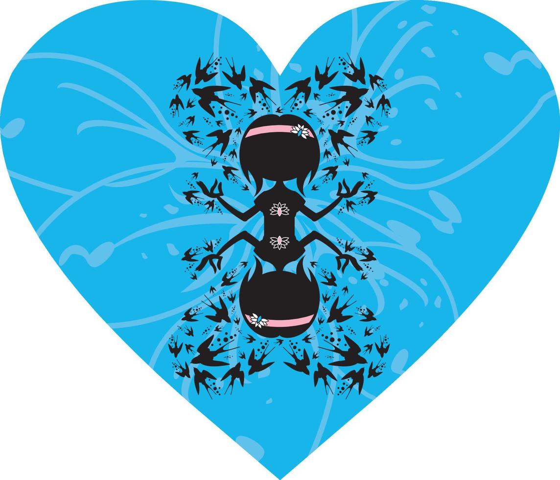 cartone animato yoga ragazza con rondini nel cuore illustrazione vettore