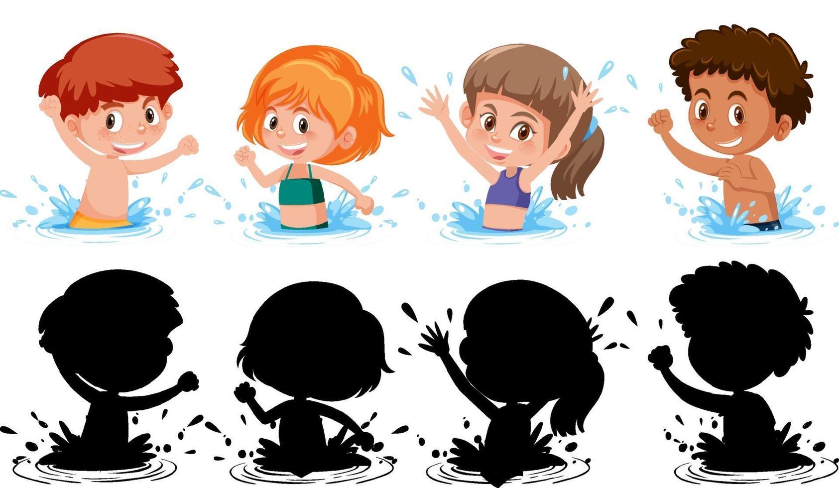 set di diversi personaggi dei cartoni animati per bambini in acqua su sfondo bianco vettore