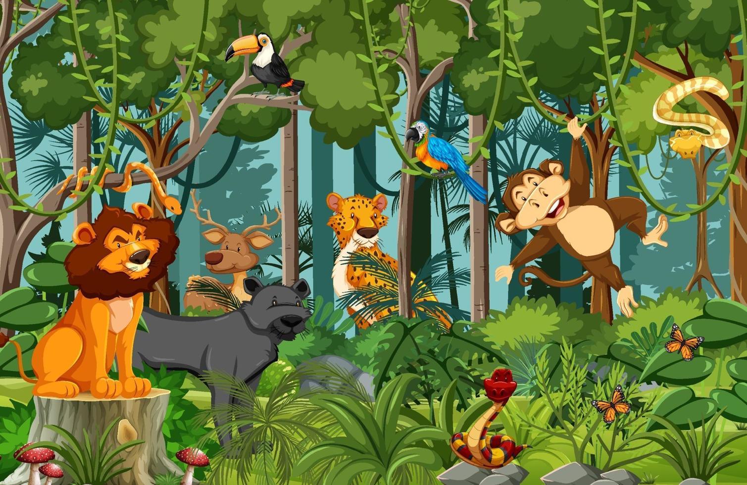 personaggio dei cartoni animati di animali selvatici nella scena della foresta vettore