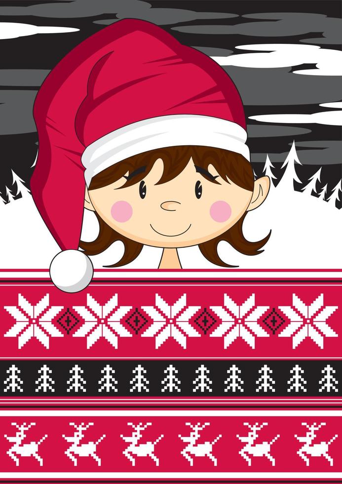 cartone animato Natale Santa elfo con renne e i fiocchi di neve vettore