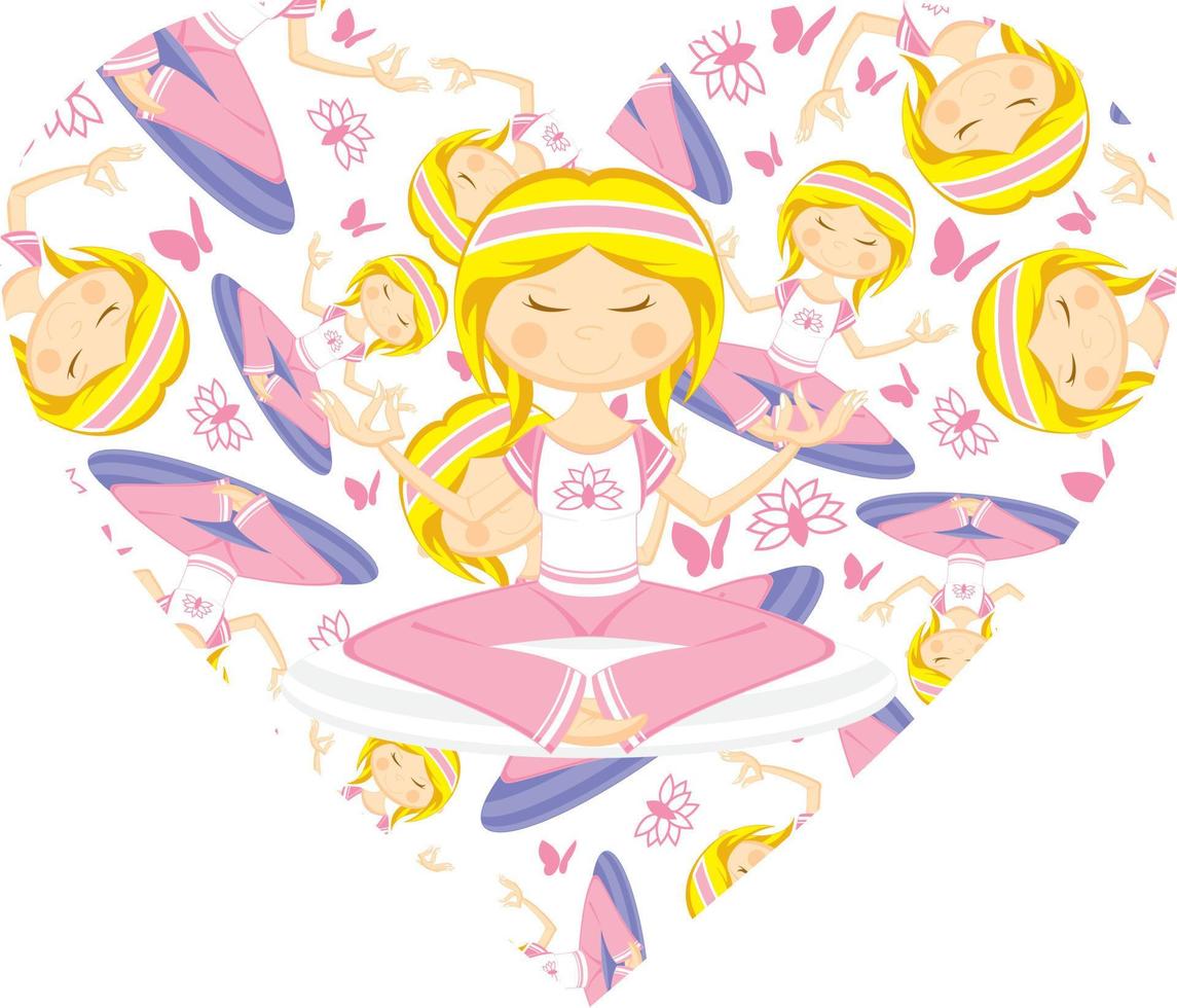 carino cartone animato Meditare yoga ragazza nel cuore illustrazione vettore