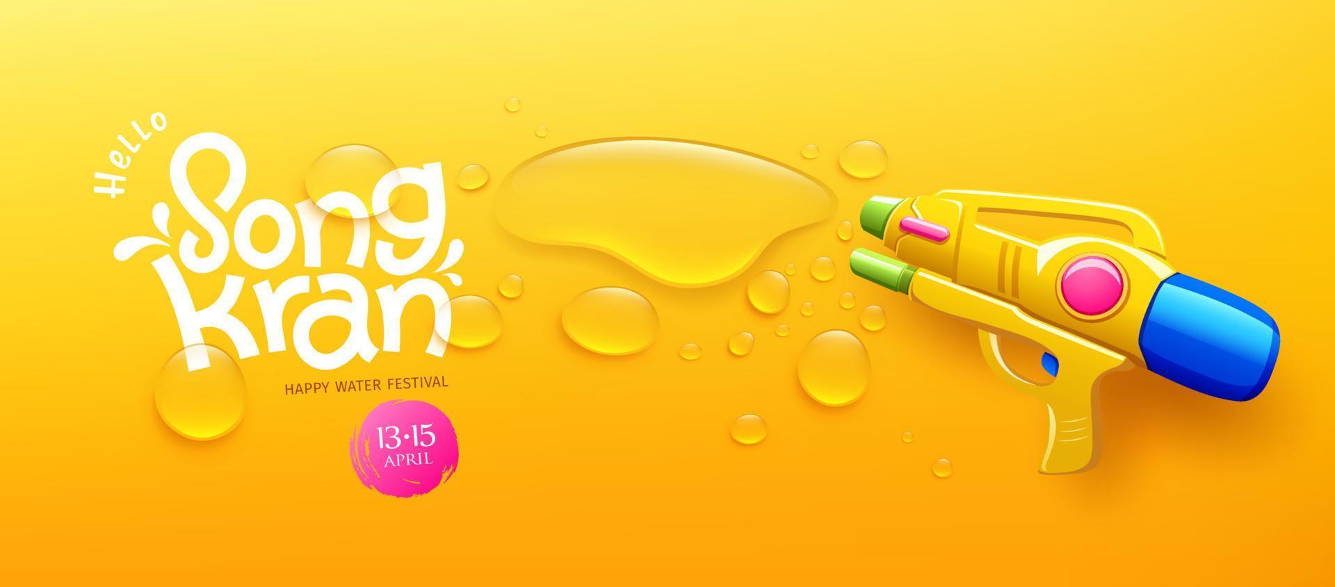 Songkran Festival Tailandia, acqua pistola e acqua far cadere, banner design su giallo sfondo, eps 10 vettore illustrazione