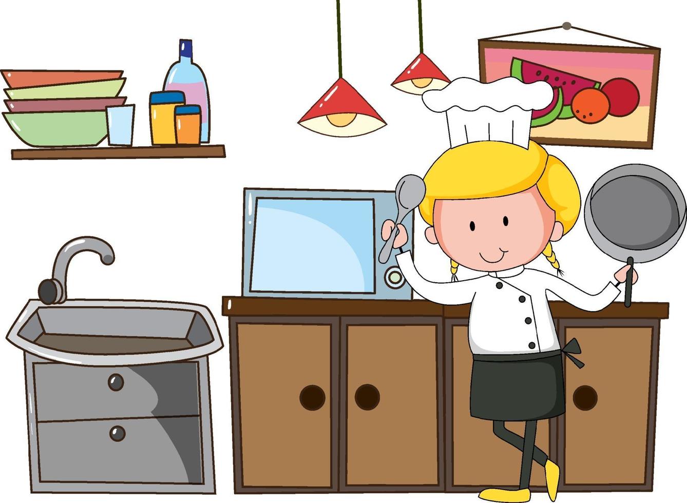 piccolo chef con attrezzature da cucina su sfondo bianco vettore