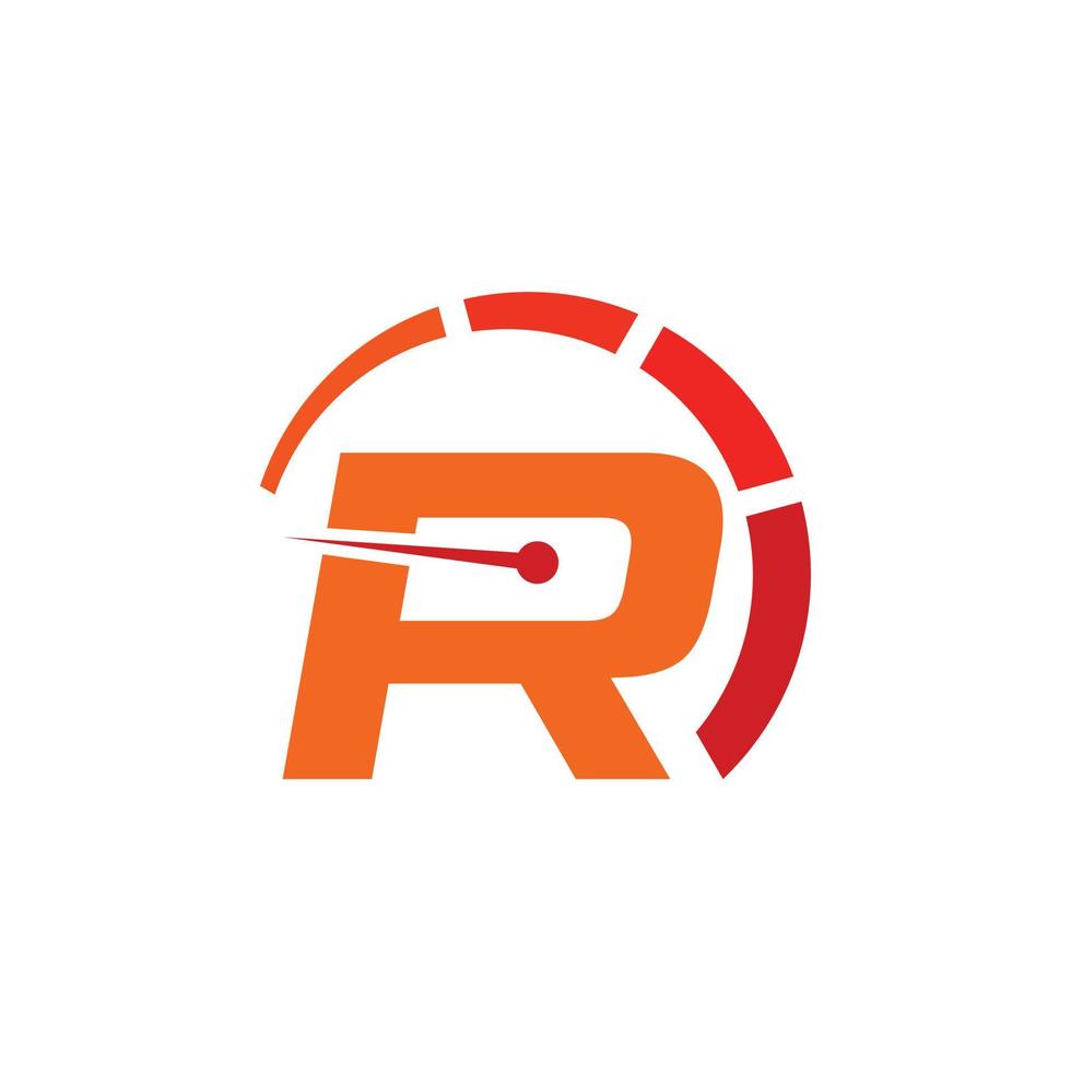 r lettera logo design tachimetro, da corsa, settore automobilistico vettore