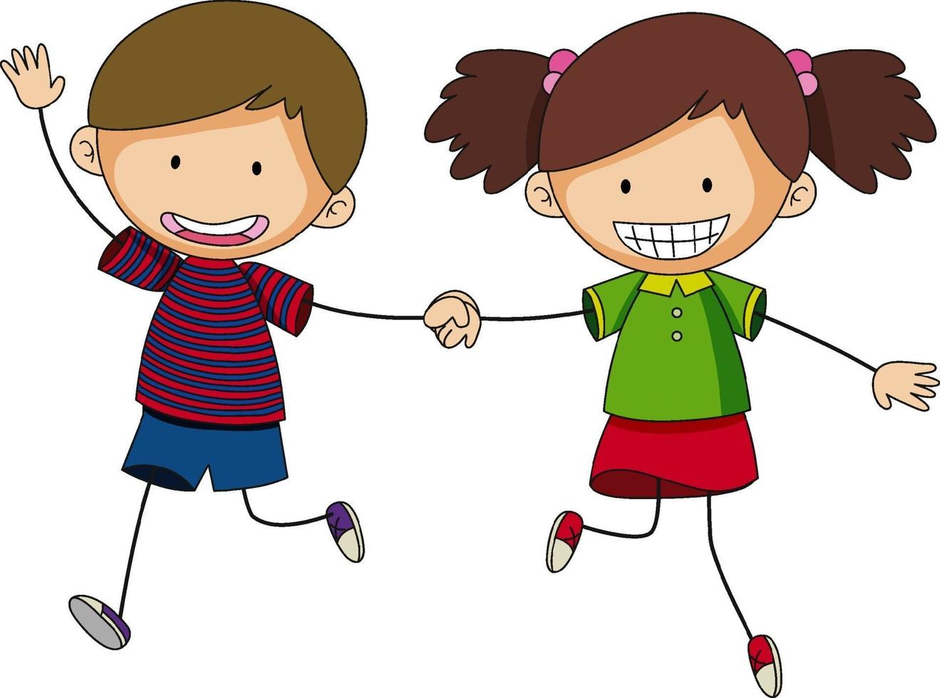 due bambini che si tengono per mano stile di doodle disegnato a mano del personaggio dei cartoni animati isolato vettore