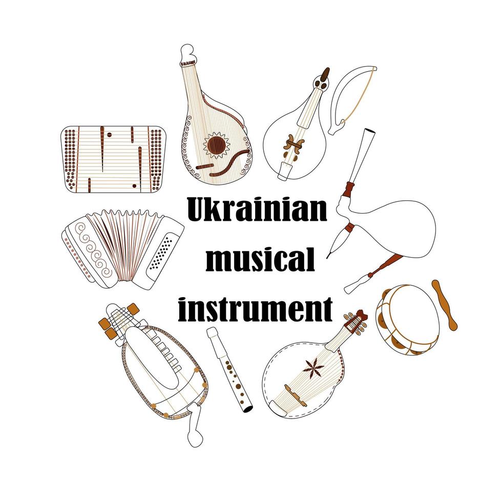 impostato di mano disegnato tradizionale slavo, ucraino musicale strumenti. banda, tamburello, fisarmonica, lira, piatti, ucraino violino, sopilka. vettore illustrazione