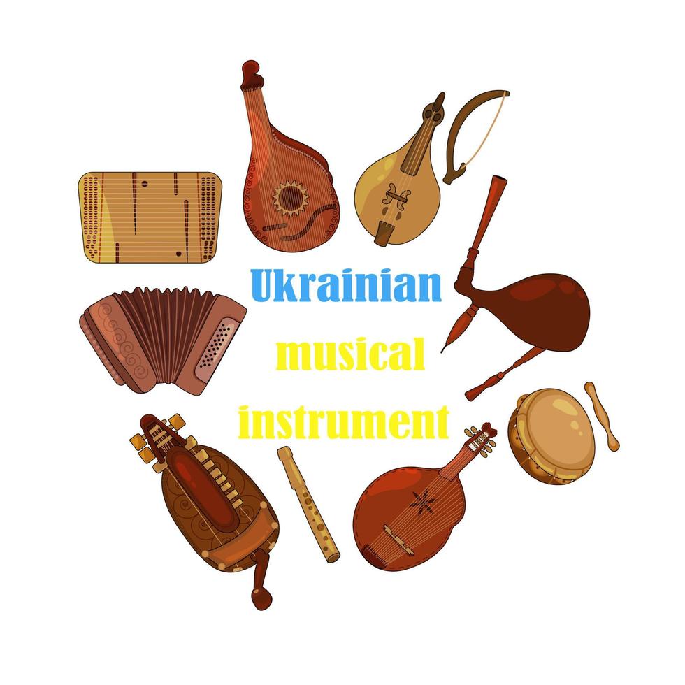impostato di mano disegnato tradizionale slavo, ucraino musicale strumenti. banda, tamburello, fisarmonica, lira, piatti, ucraino violino, sopilka. vettore illustrazione