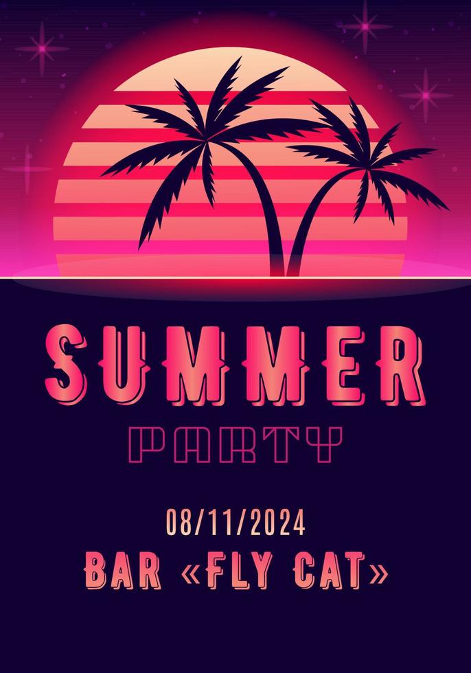 estate spiaggia festa discoteca manifesto con tramonto e palma alberi nel di moda neon colori. vettore