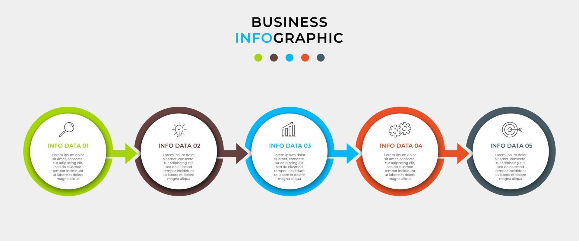 modello di infografica aziendale minimo. timeline con 5 passaggi, opzioni e icone di marketing .vector infografica lineare con due elementi collegati a cerchio. può essere utilizzato per la presentazione vettore