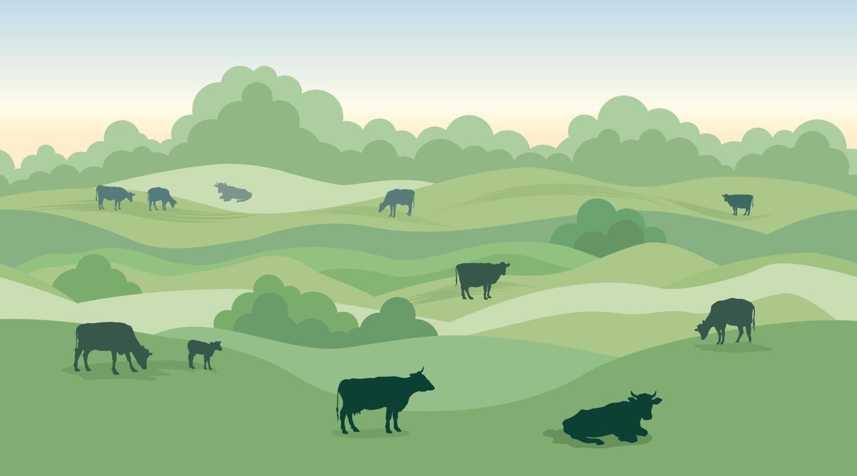 paesaggio rurale del caseificio con le mucche sopra l'orizzonte panoramico senza cuciture della campagna. skyline di colline, prati, alberi e campi. sfondo della natura estiva. erba da pascolo per le mucche. vettore