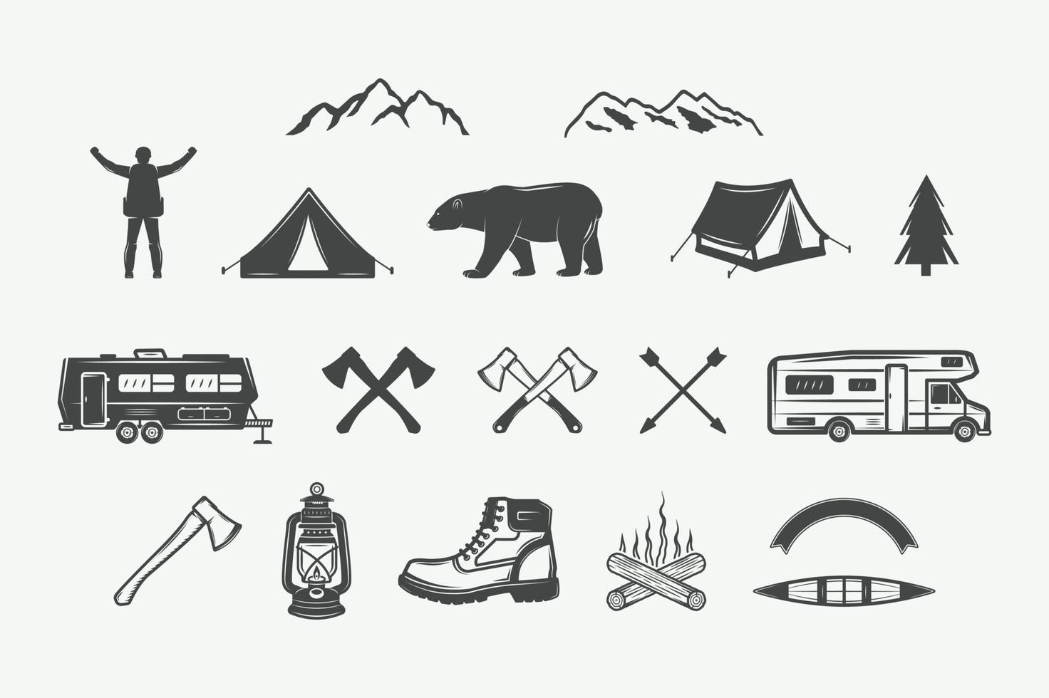 impostato di Vintage ▾ campeggio all'aperto e avventura elementi. può essere Usato loghi, distintivi, etichette, emblemi, votazione e design elementi. grafico arte. vettore
