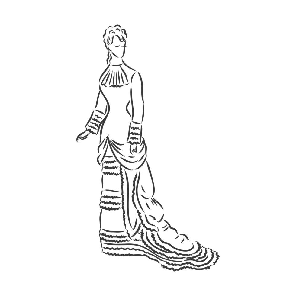 antica signora vestita. vecchia illustrazione vettoriale di moda. donna vittoriana in abito storico. disegno stilizzato vintage, stile retrò xilografia. abito retrò, disegno vettoriale su sfondo bianco