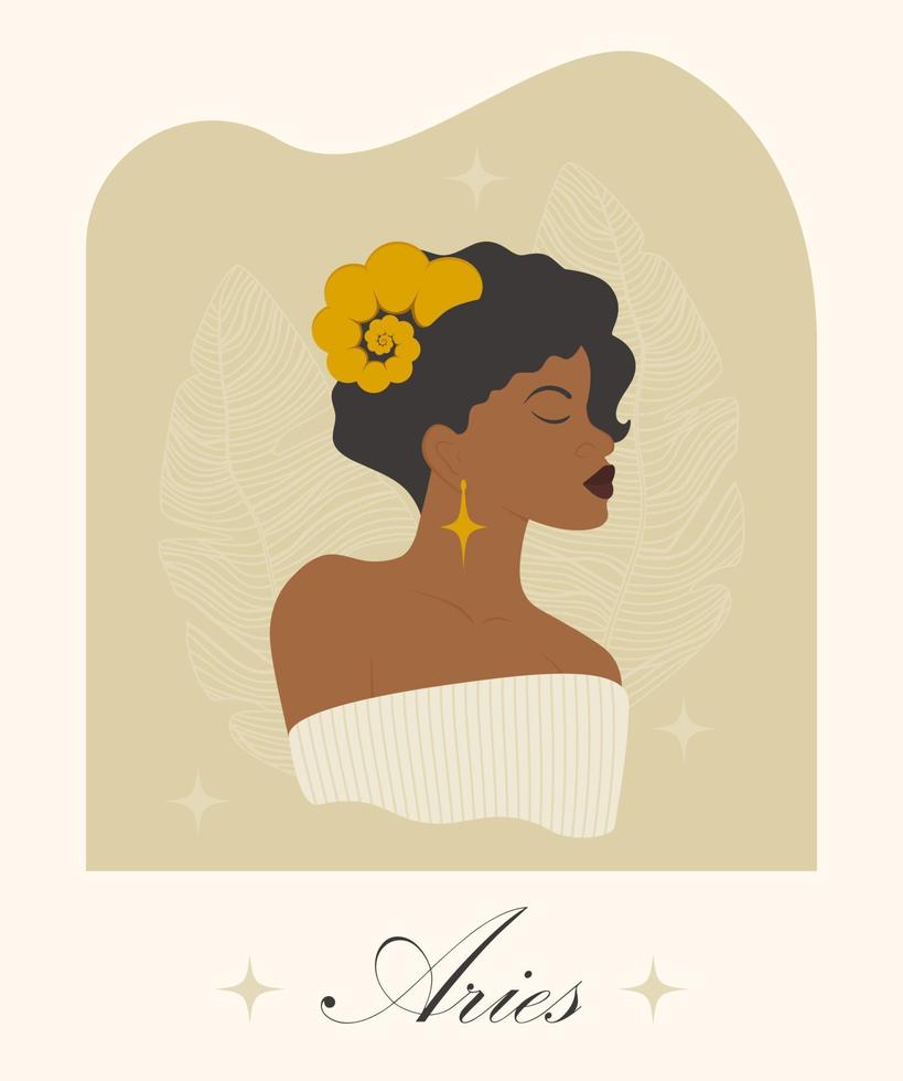 Ariete zodiaco cartello donna con carino corna illustrazione. afro americano signora nel beige vestito astrologico simbolo. personaggio modello per commerciale, animazione, Stampa vettore