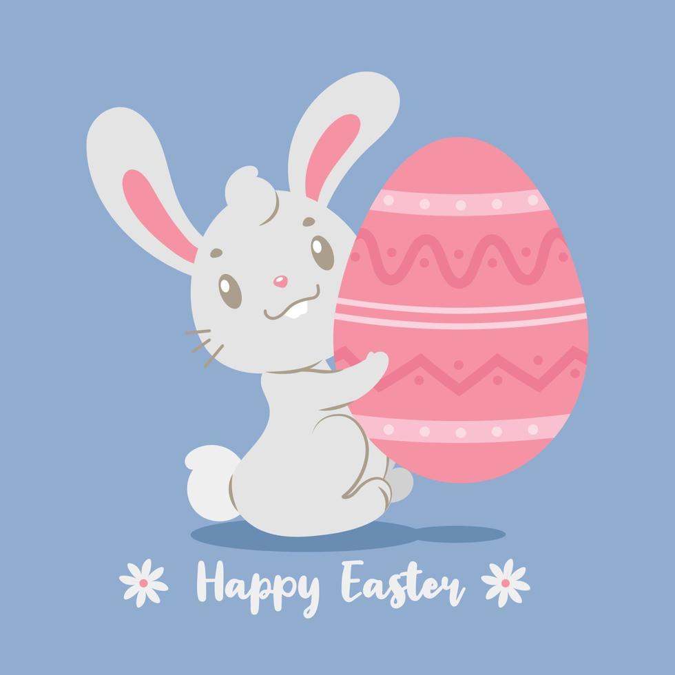 coniglietto simpatico cartone animato che tiene un gigantesco uovo di Pasqua dipinto vettore