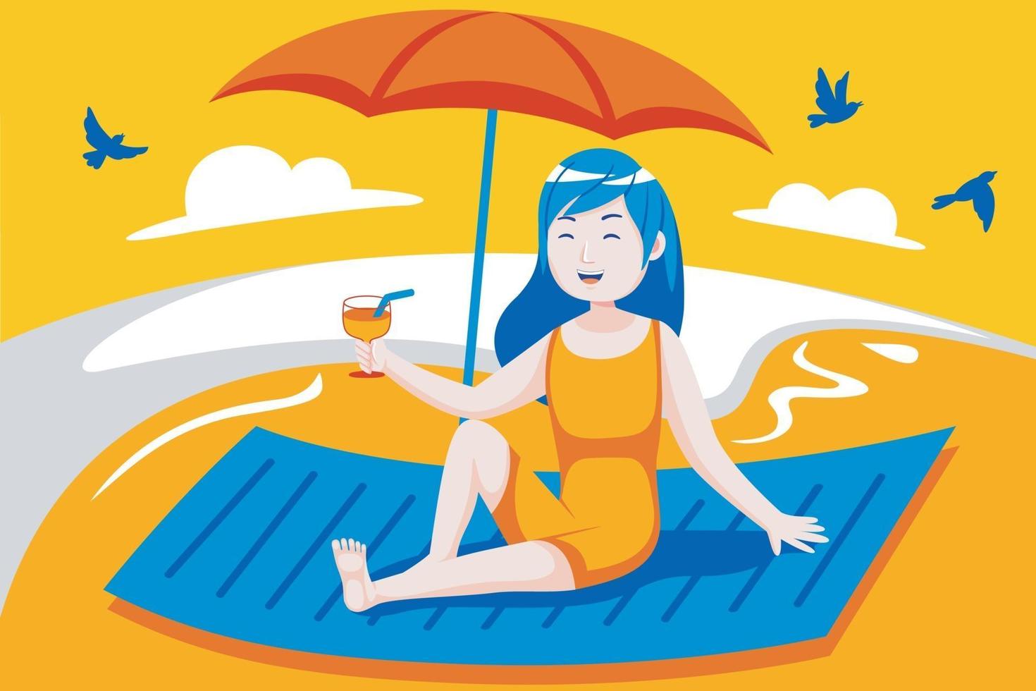 felice giovane donna gode di bere in spiaggia. vettore