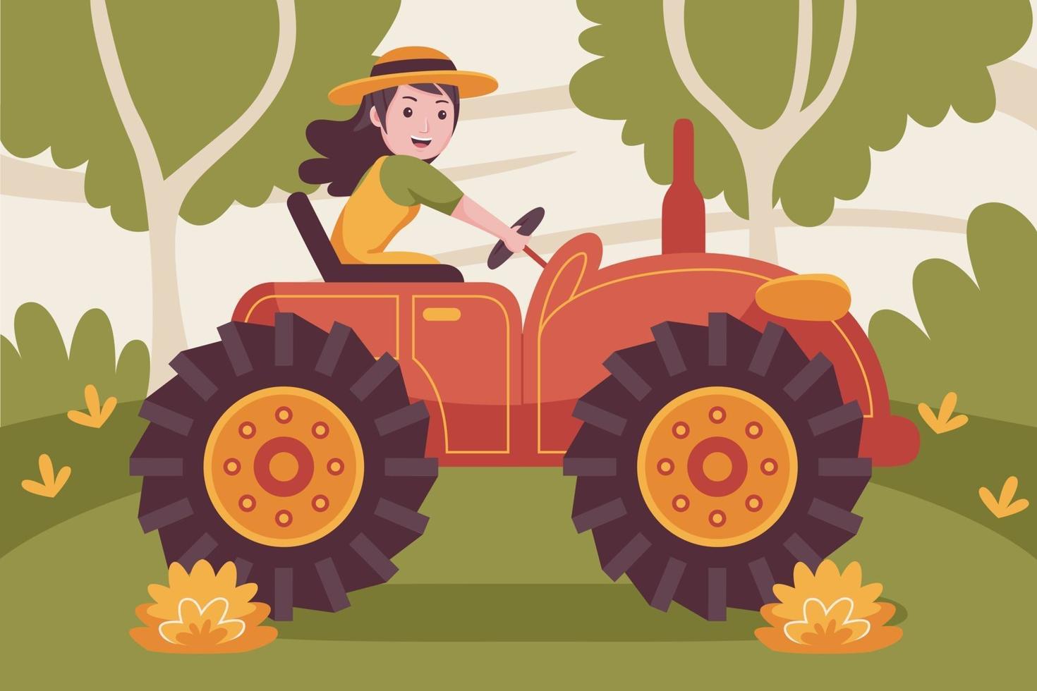 contadino donna felice alla guida del trattore in giardino. vettore