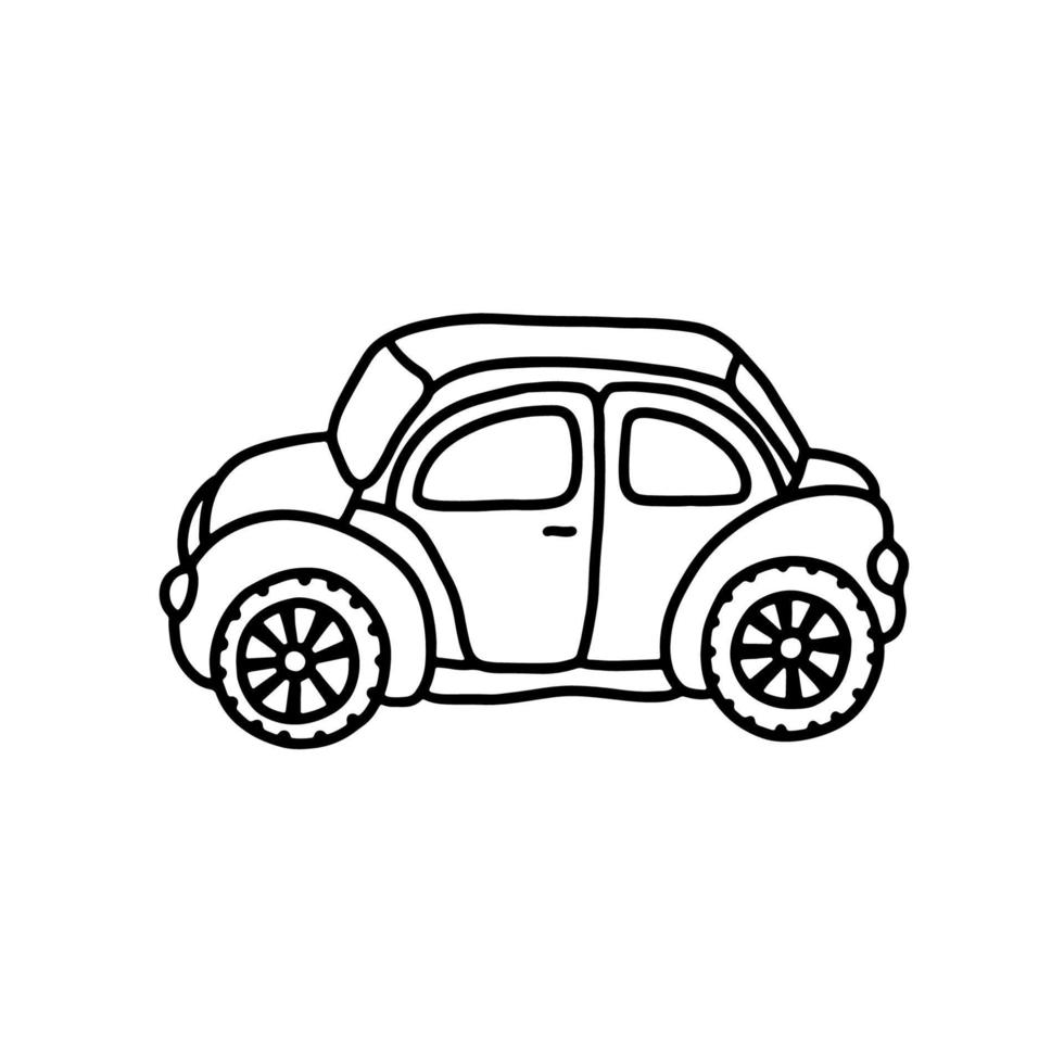divertente giocattolo auto nel nero schema stile su un' bianca sfondo. colorazione libro per bambini. vettore illustrazione.