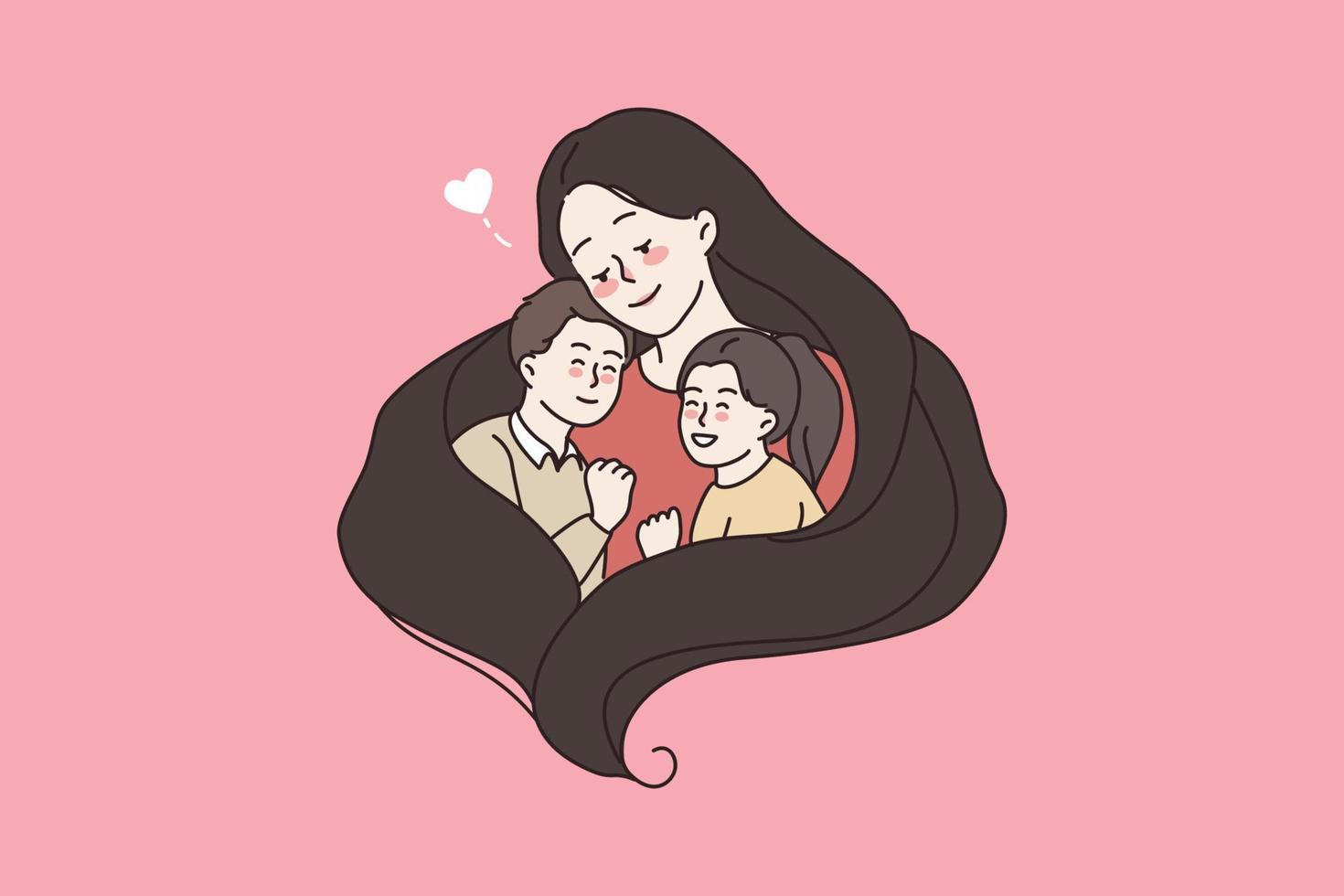 cura mamma abbraccio abbraccio piccolo bambini figlio e figlia mostrare amore supporto nel famiglia relazione. madre coccolare bambini sentire grato grato. internazionale donne giorno. maternità. piatto vettore illustrazione.