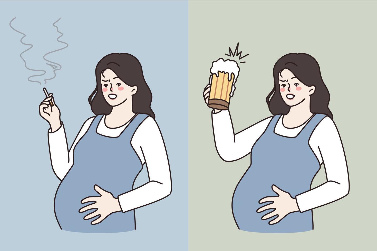 cattivo abitudini durante gravidanza concetto. giovane incinta donna in piedi Abbracciare una persona pancia fumo sigaretta e potabile birra vivente malsano vita vettore illustrazione