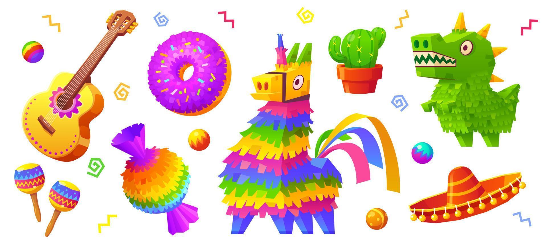 pinata, messicano cappello, cactus, chitarra e Maraca vettore