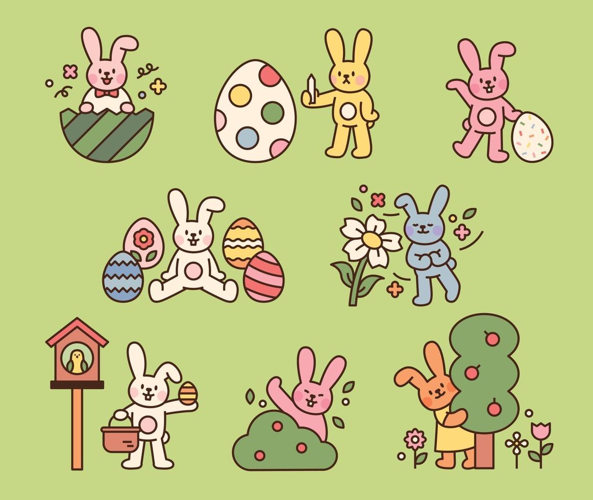 simpatico personaggio del coniglietto di pasqua. simpatici conigli nella foresta festeggiano la Pasqua. illustrazione di vettore minimo di stile di design piatto.