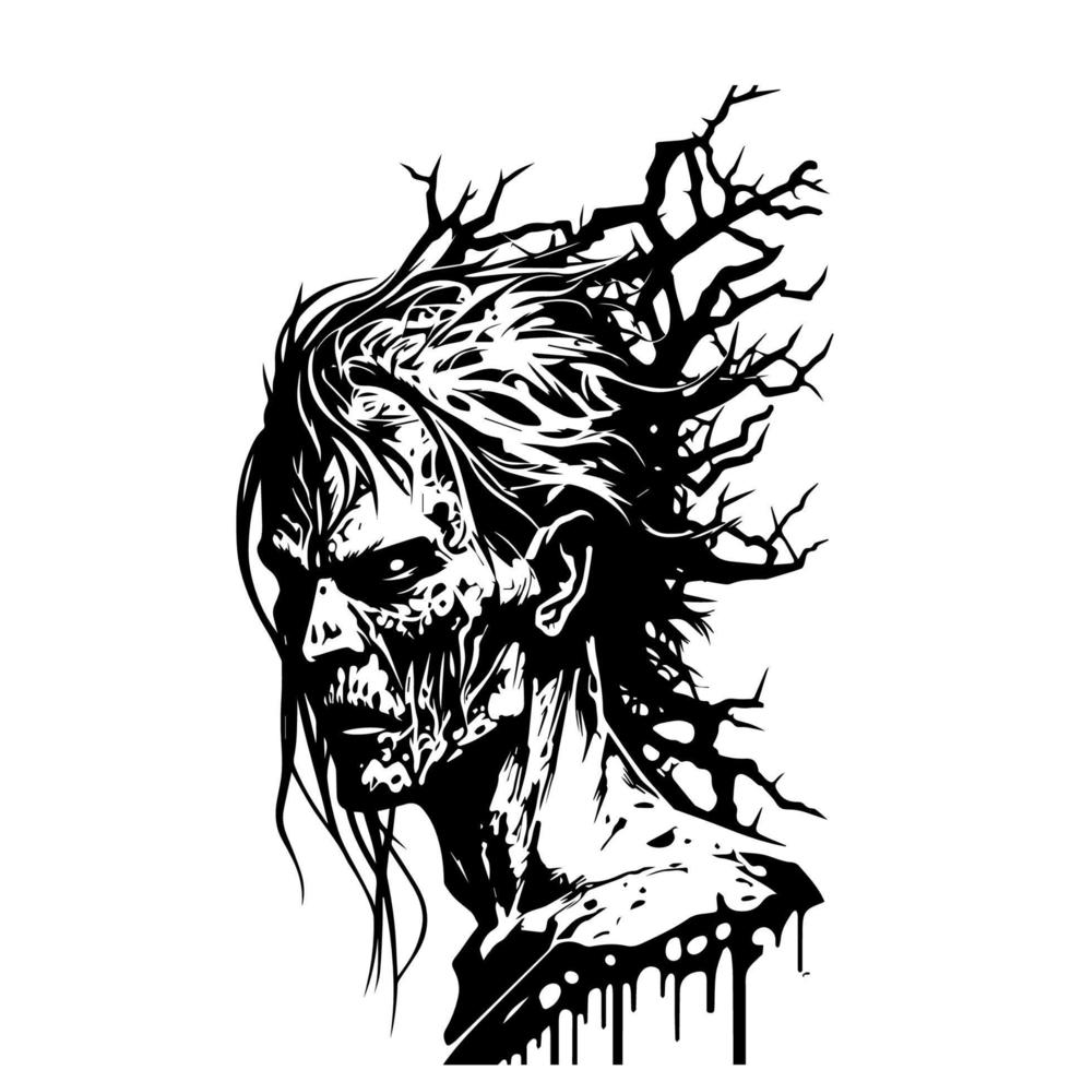 un' spaventoso zombie testa illustrazione Perfetto per Halloween con intricato linea arte particolari, mano disegnato per un' unico e raccapricciante vibrazione vettore