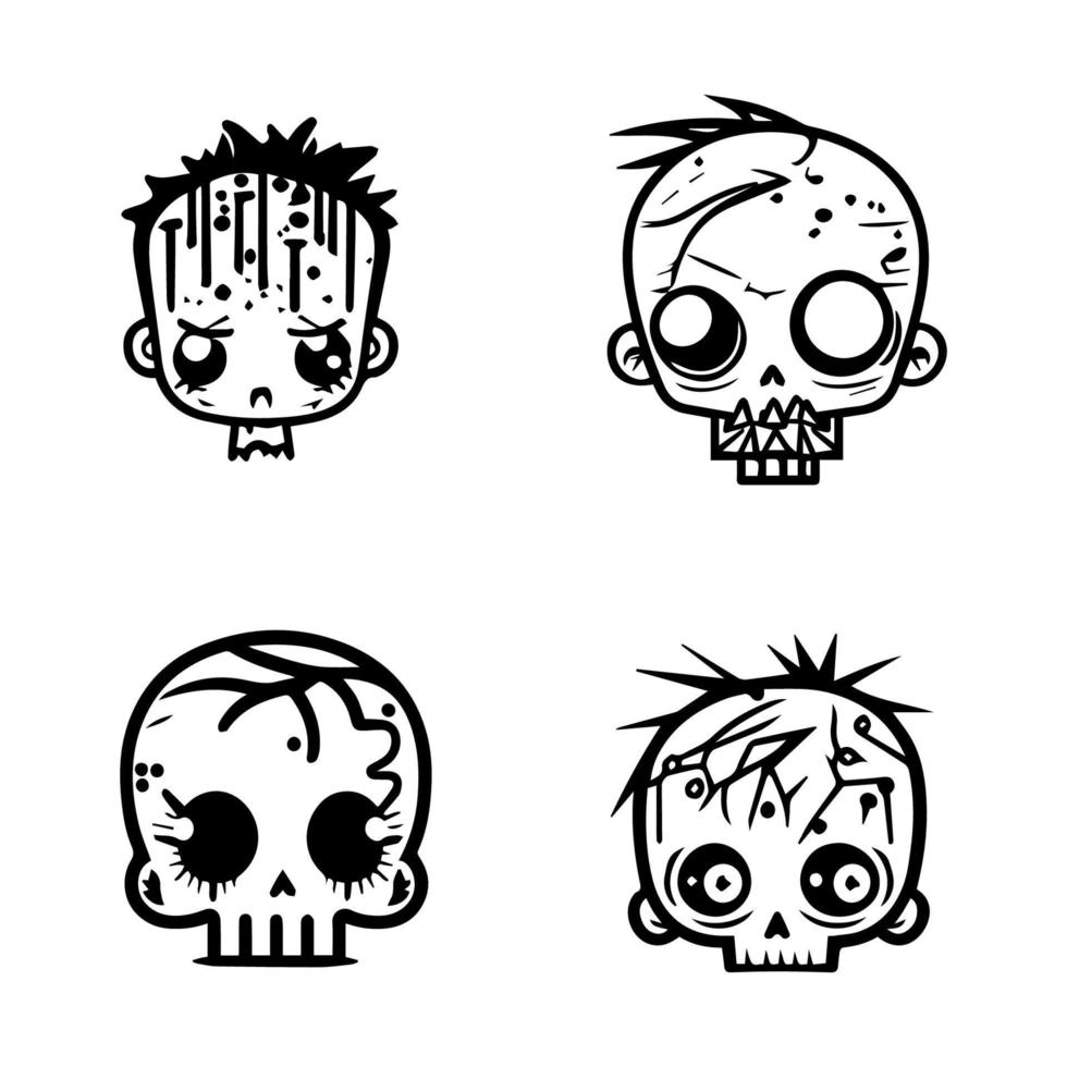 giocoso e strambo mano disegnato kawaii zombie testa collezione impostare, con carino e affascinante linea arte illustrazioni di non morti carineria vettore