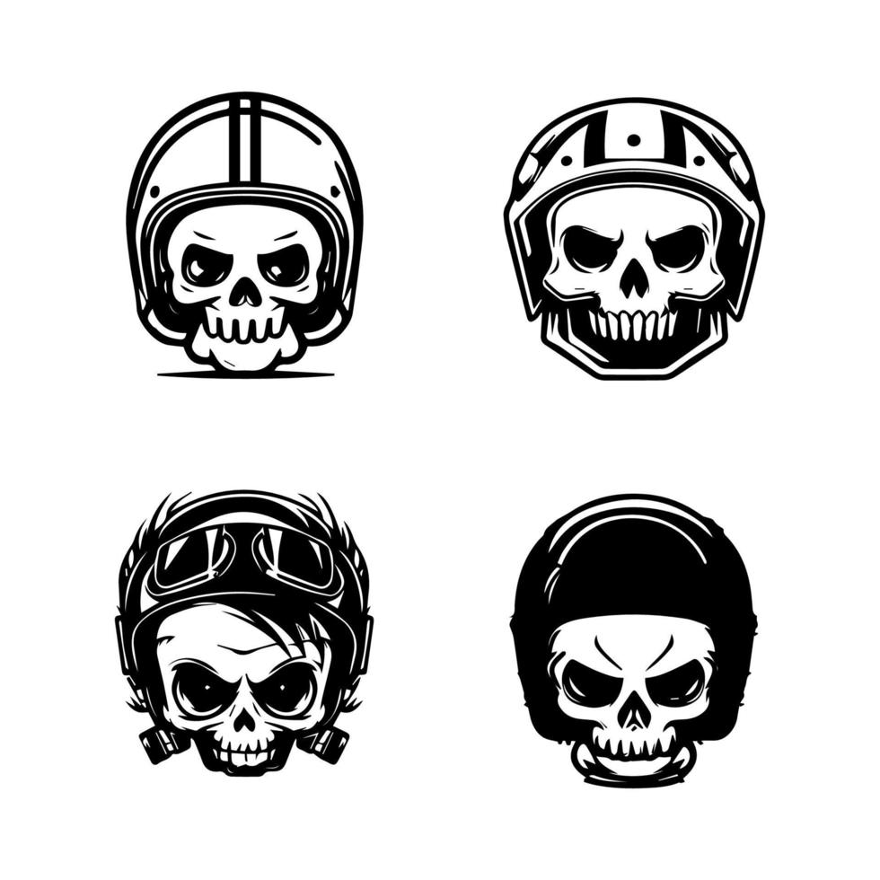 carino cranio testa indossare motociclista casco logo collezione impostato mano disegnato illustrazione vettore