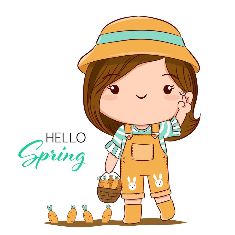 vettore primavera illustrazione di carino ragazza raccolto carote nel giardino, primavera mano disegnato schizzo stile carta modello.