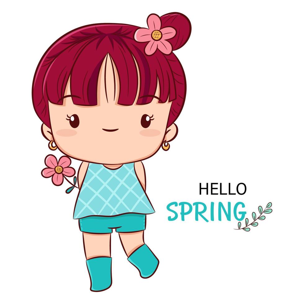 vettore primavera illustrazione di carino ragazza Tenere rosa fiore, primavera mano disegnato schizzo stile carta modello.