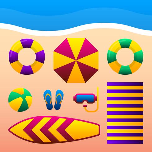 Accessori vacanza vacanze estive su Sandy Beach Illustration. vettore