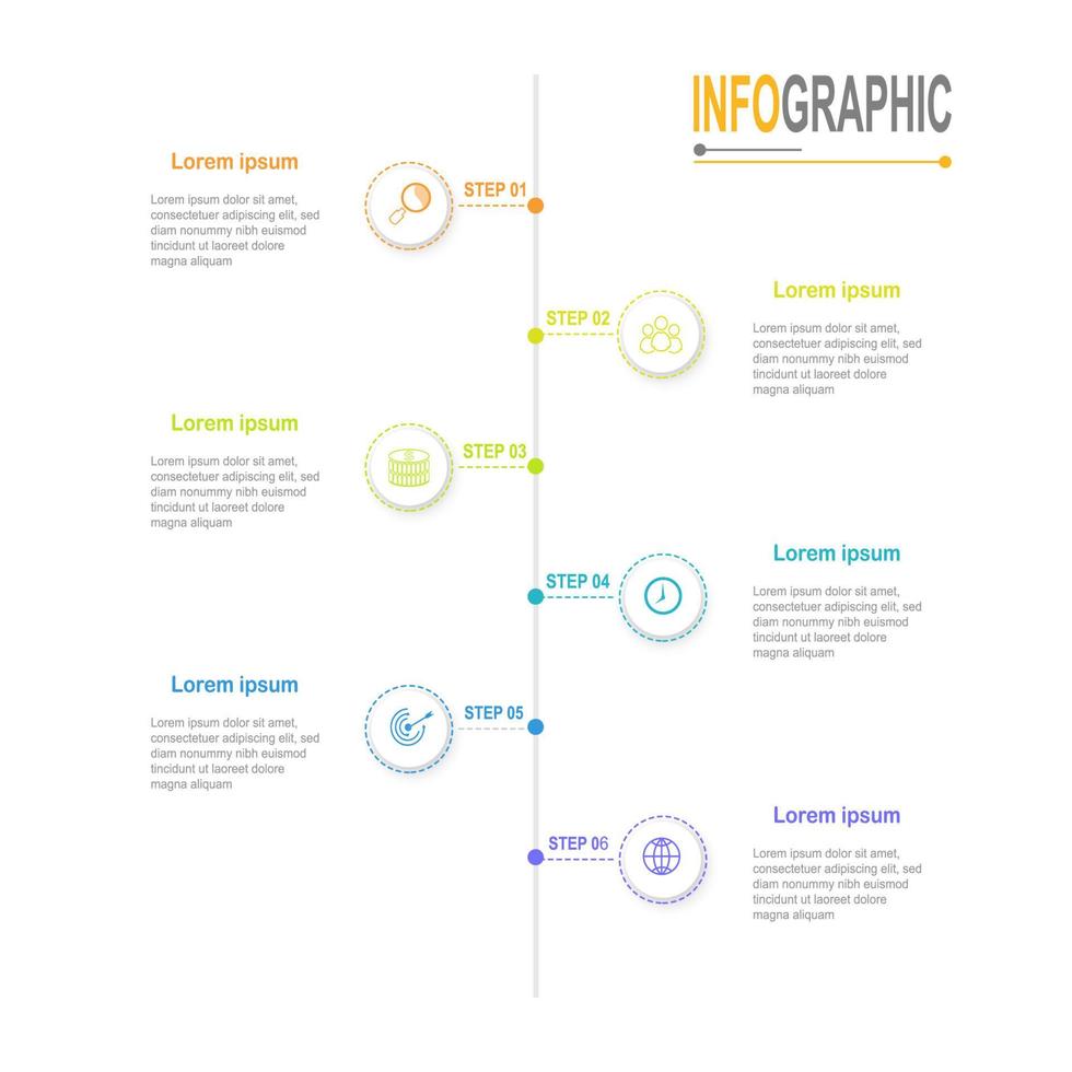 Infografica sequenza temporale modello 6 passaggi attività commerciale dati illustrazione. presentazione sequenza temporale Infografica modello. vettore