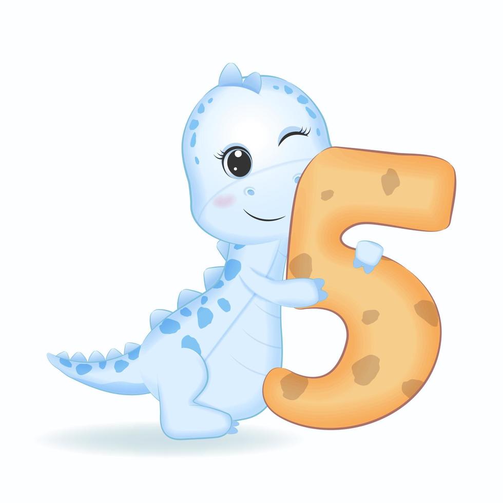 carino blu dinosauro con numero 5, cartone animato illustrazione vettore