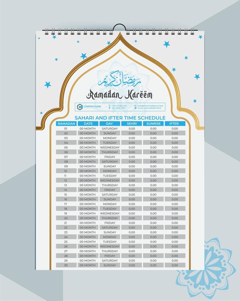 Ramadan calendario - Ramadan programma - Ramadan iftar tempo - islamico calendario design vettore