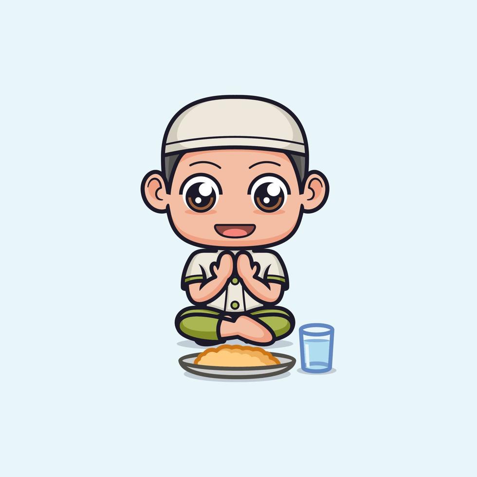 carino cartone animato musulmano ragazzo preghiere prima mangiare vettore