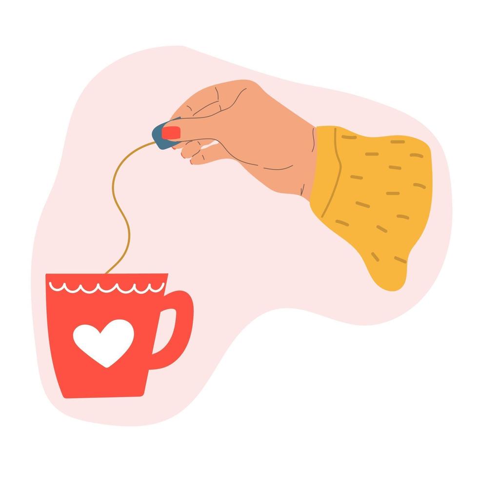 mano che tiene la bustina di tè e la tazza di tè. illustrazione piatta disegnata a mano. vettore
