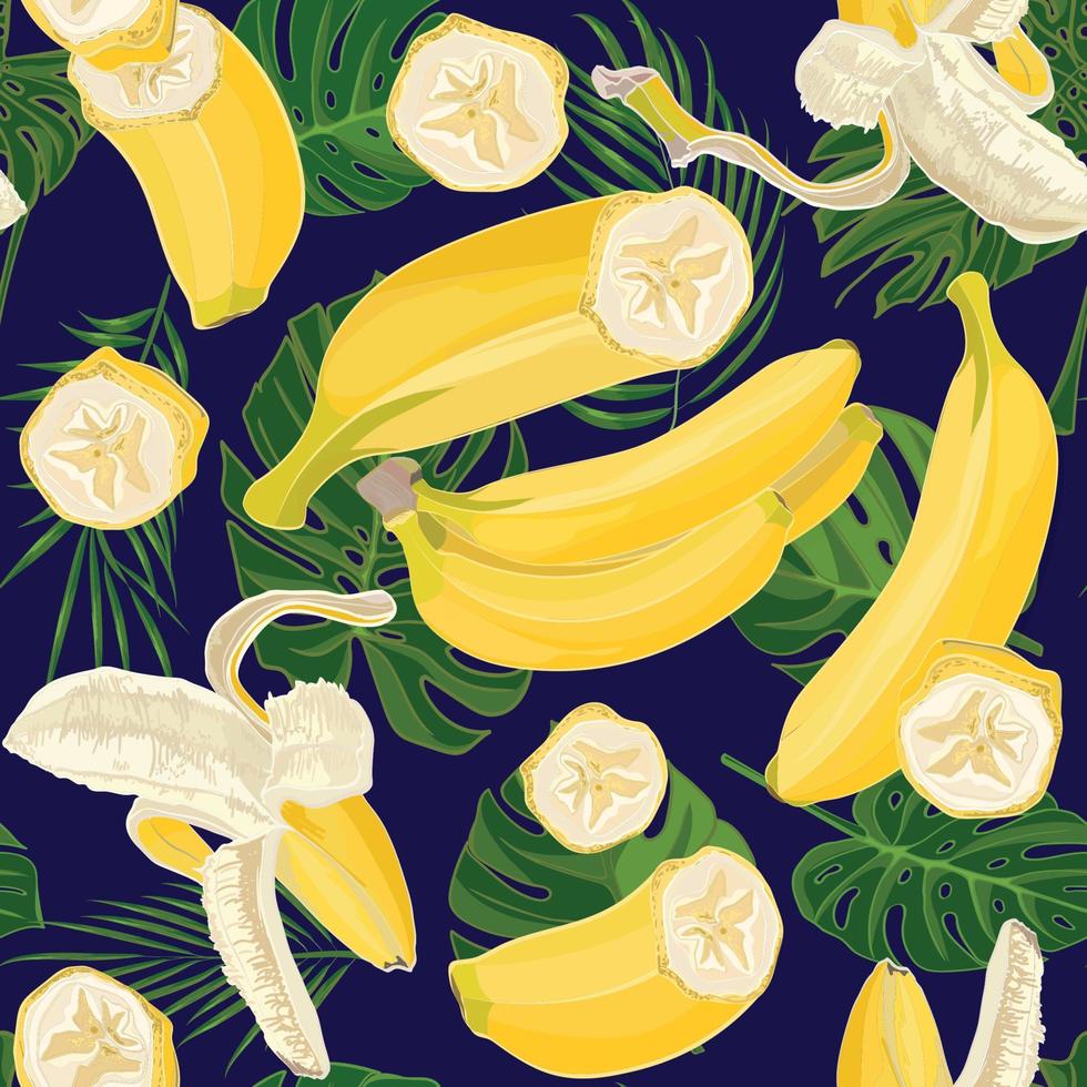 senza soluzione di continuità mano disegnato tropicale modello con palma foglie, giungla esotico foglia e Banana frutta su buio sfondo vettore